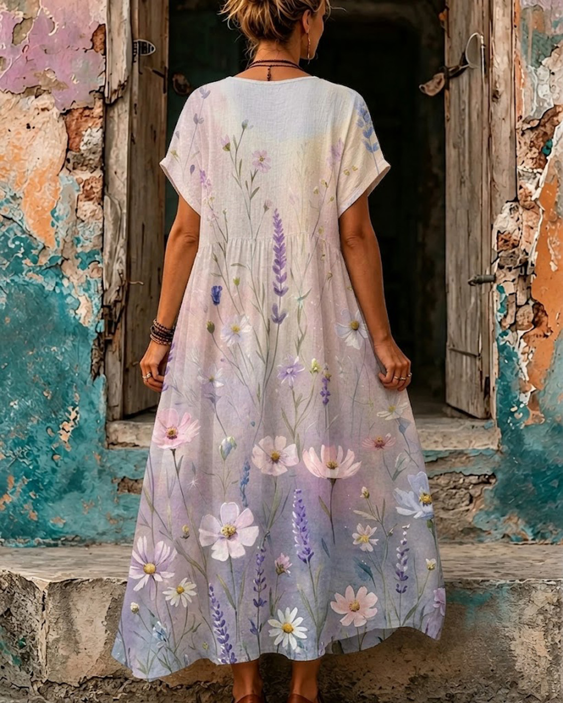 Women's Retro Bohemia Floral Print V-Neck Short Sleeve Maxi Dress