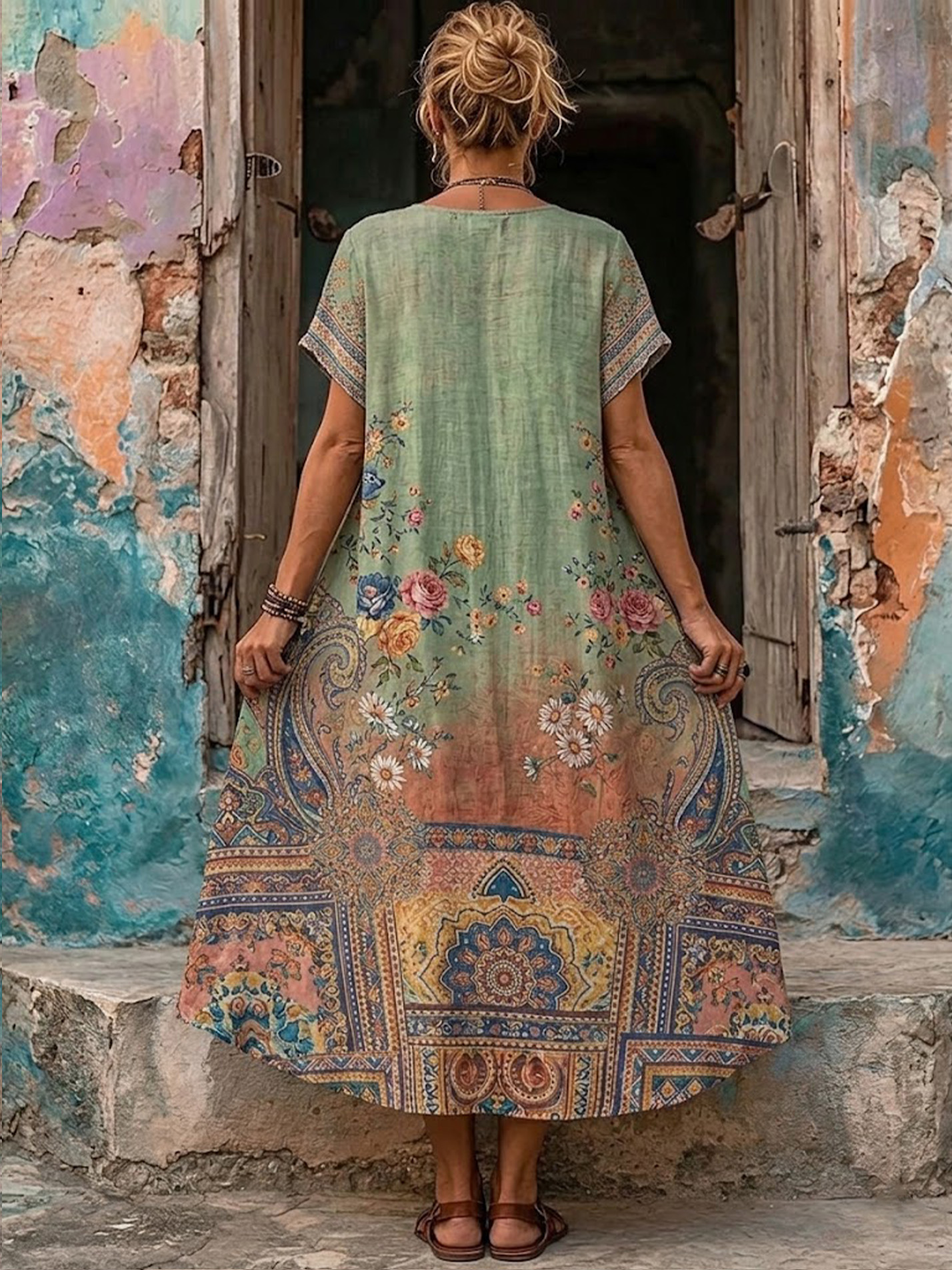 Women's Retro Bohemia Floral Print V-Neck Short Sleeve Maxi Dress
