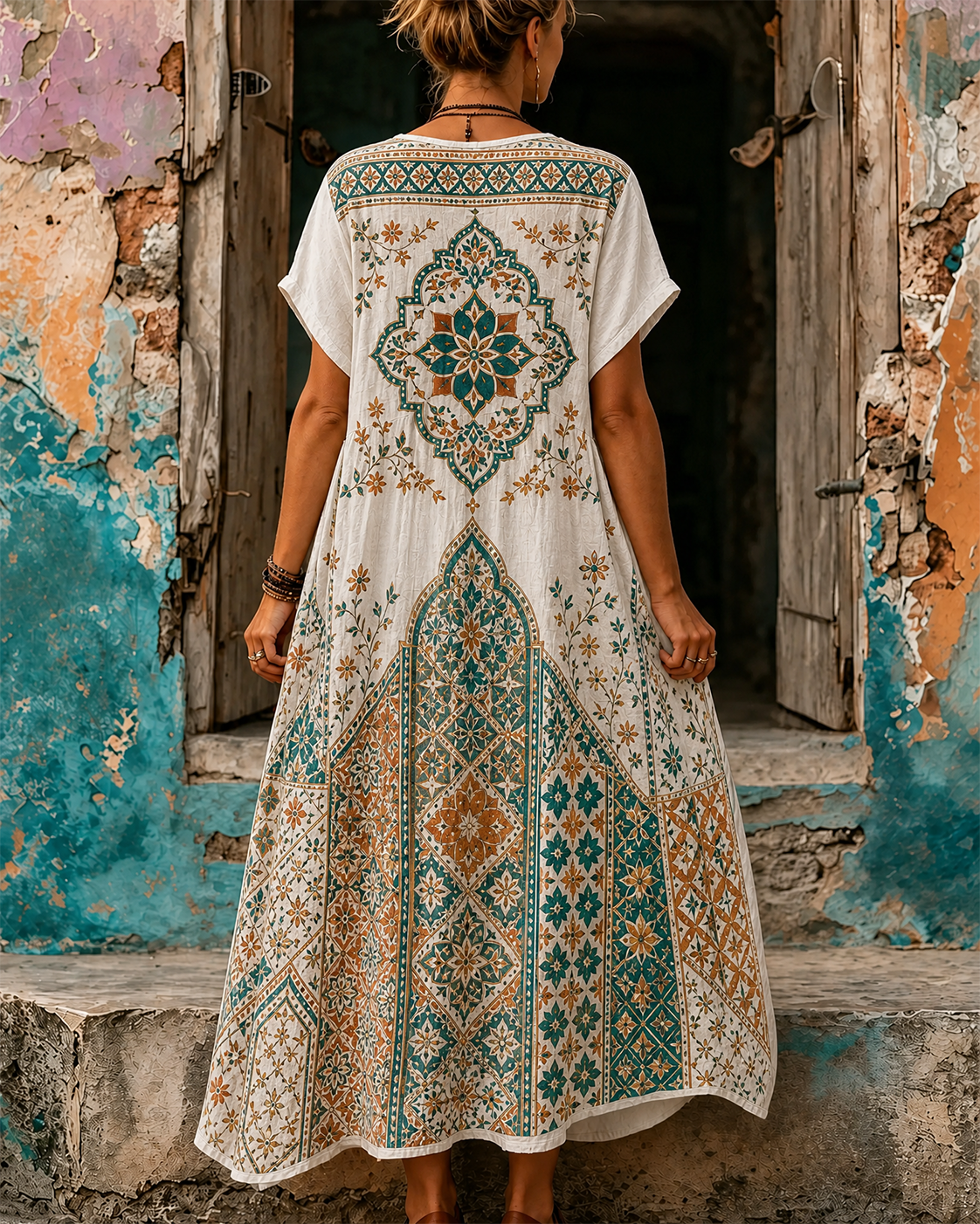 Women's Vacation Linen Retro Boho Floral Print V-Neck Short Sleeve Maxi Dress