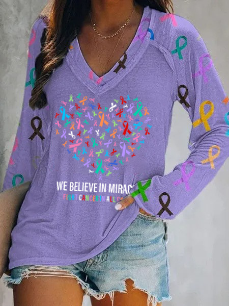Women's We Believe in Miracles Fight Cancer In All Colors Casual Long Sleeve T-Shirt