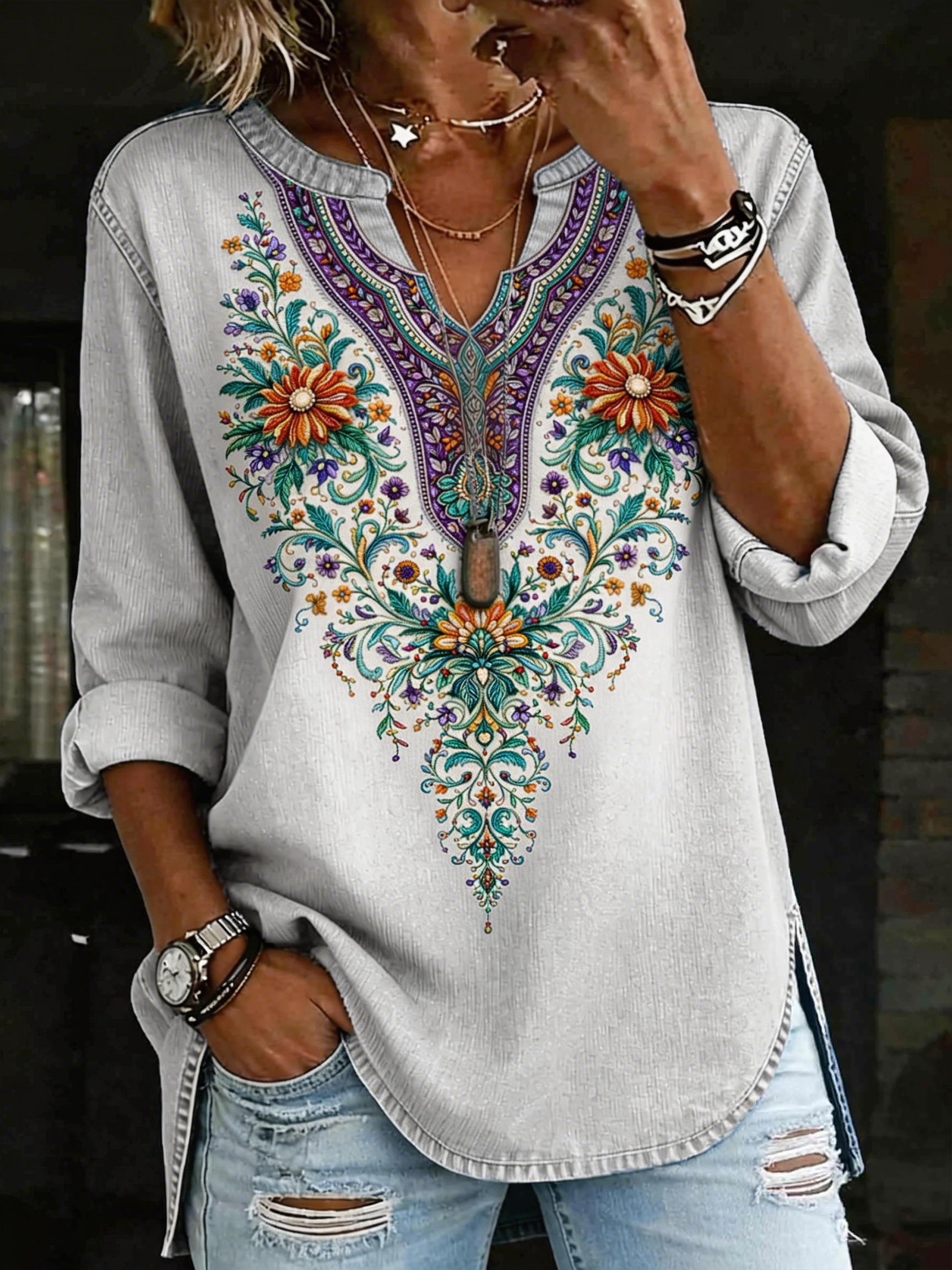 Women's Vintage Ethnic Pattern Art Print Casual V-neck Washed Cotton Denim Top