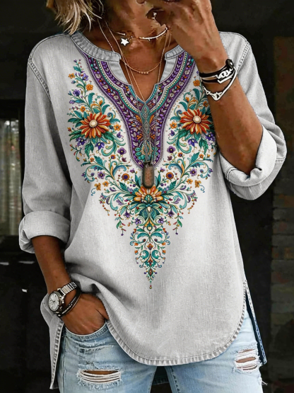 Women's Vintage Ethnic Pattern Art Print Casual V-neck Washed Cotton Denim Top