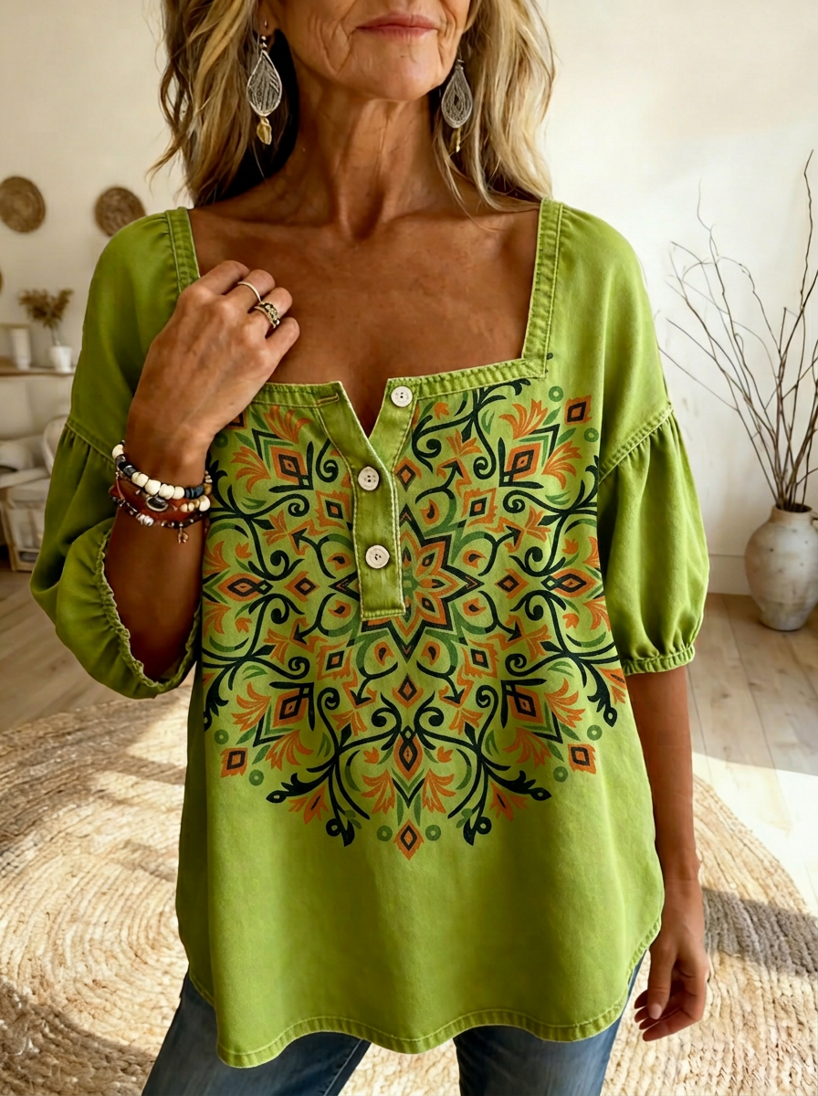 Women's Retro-Style Floral Art Print Casual Square-Neck Top