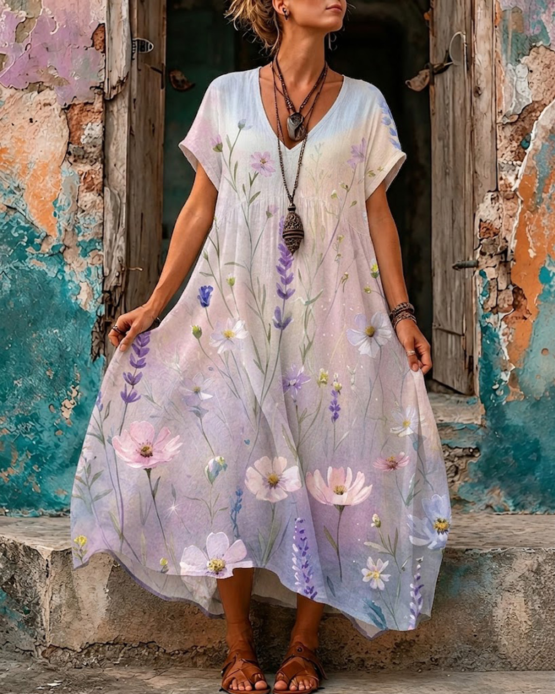 Women's Retro Bohemia Floral Print V-Neck Short Sleeve Maxi Dress