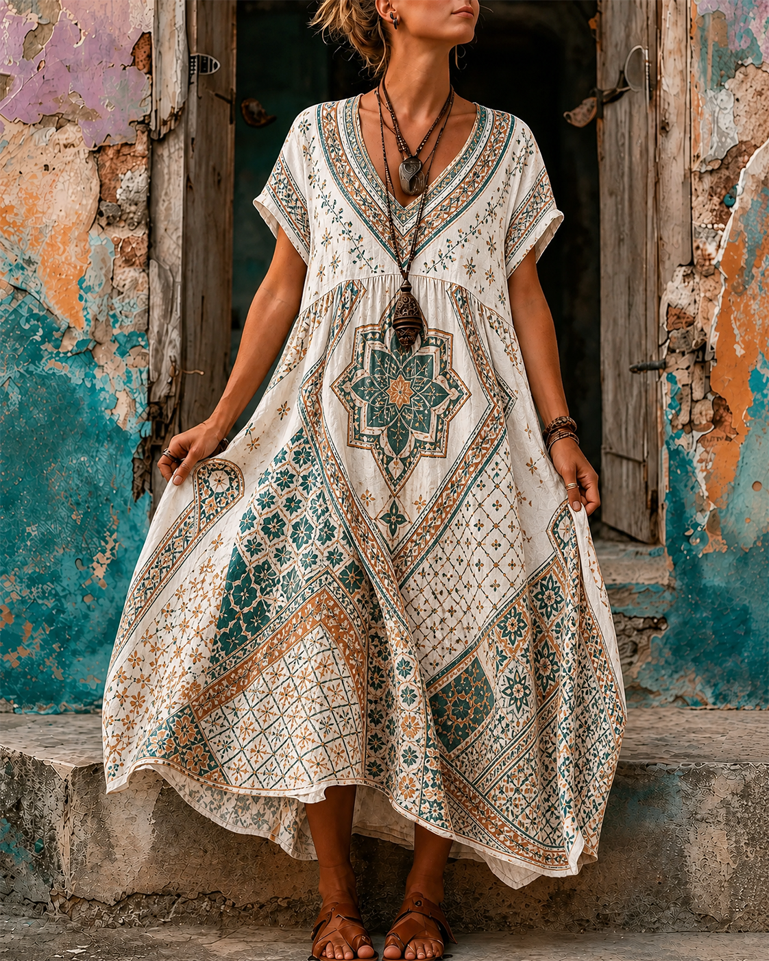 Women's Vacation Linen Retro Boho Floral Print V-Neck Short Sleeve Maxi Dress
