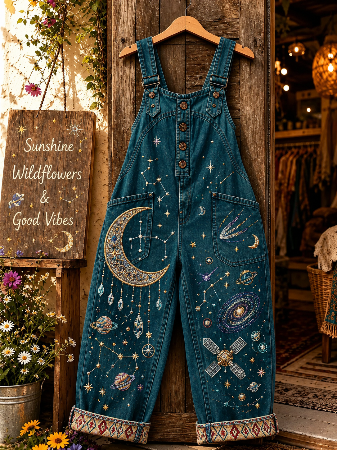 Women's Vintage Space Planet Print Denim Overalls Long Pants