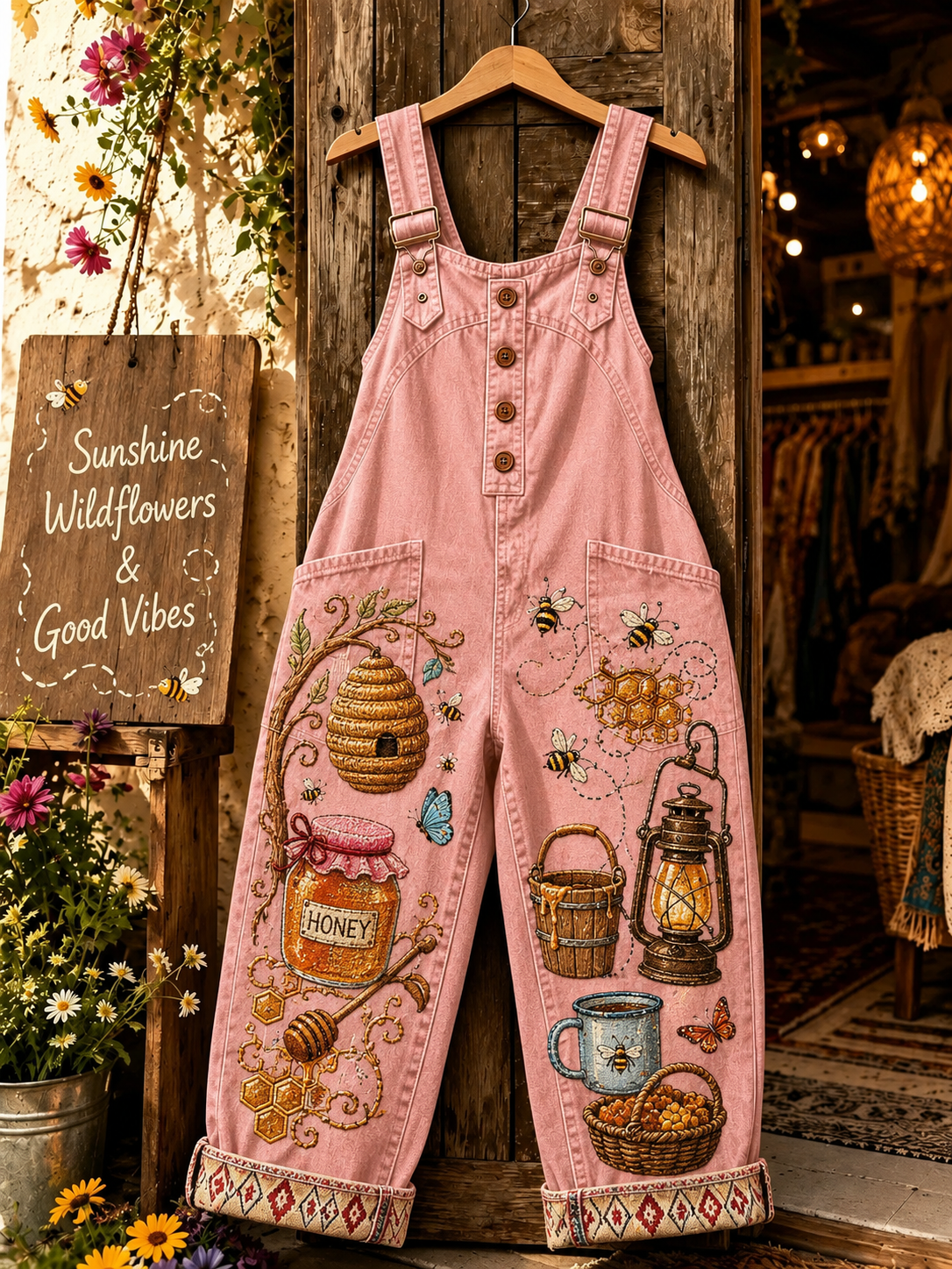 Women's Vintage Print Denim Overalls Long Pants