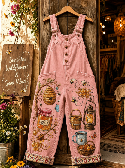 Women's Vintage Print Denim Overalls Long Pants