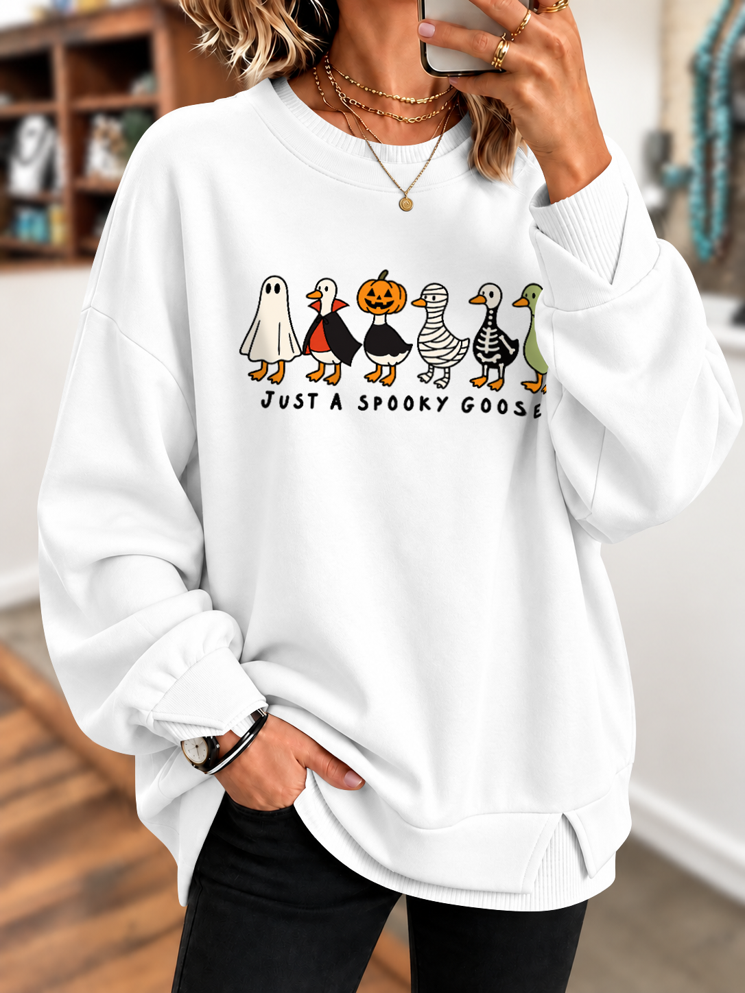 Just Spooky Goose Pattern Printed Sweatshirt