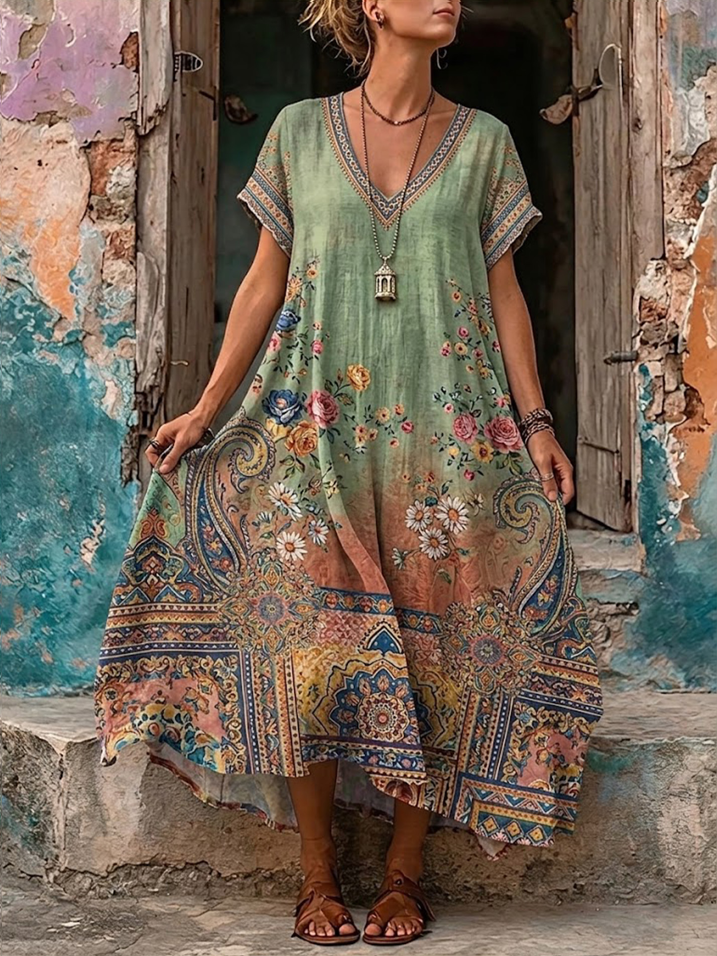 Women's Retro Bohemia Floral Print V-Neck Short Sleeve Maxi Dress