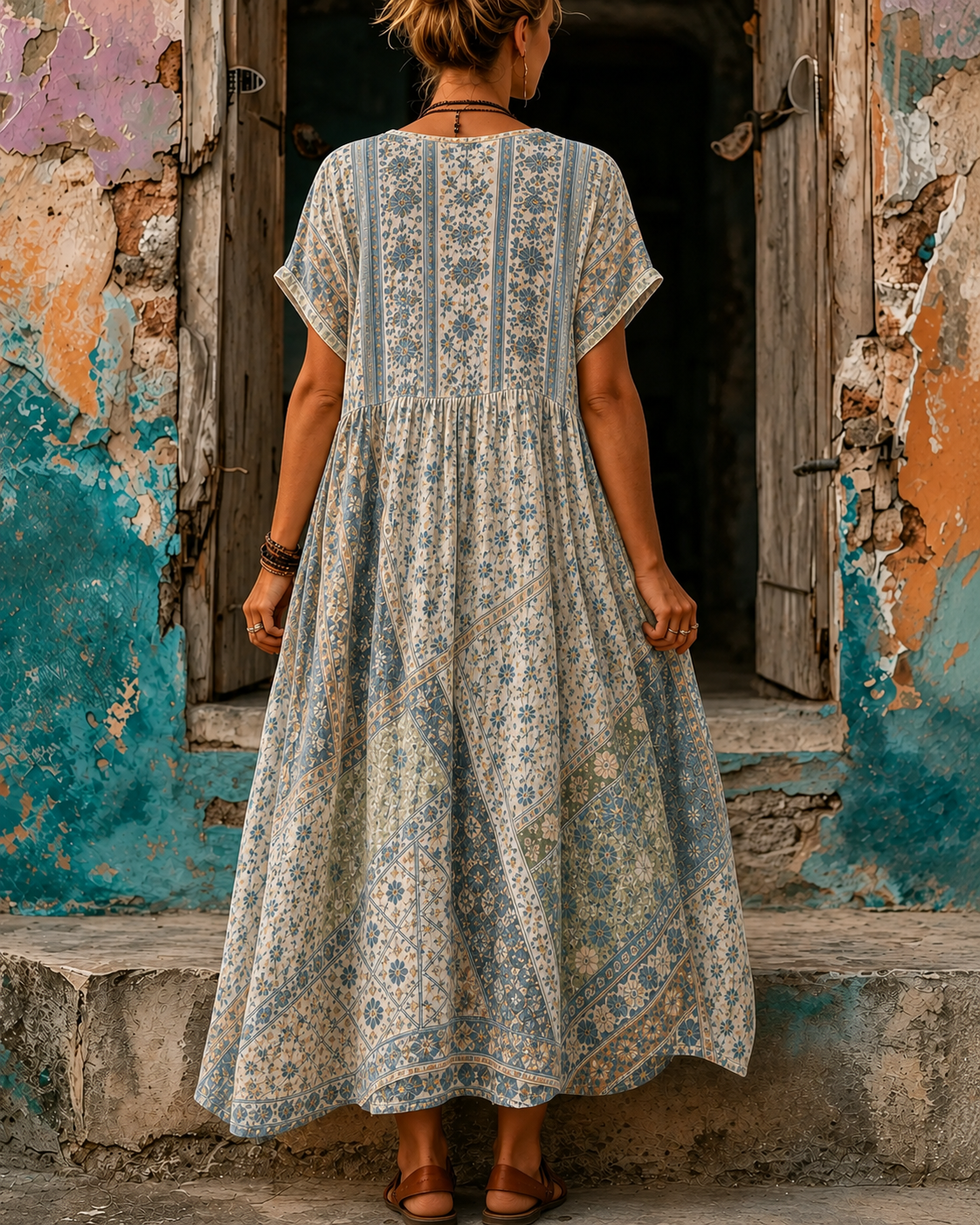 Women's Vacation Linen Retro Boho Floral Print V-Neck Short Sleeve Maxi Dress