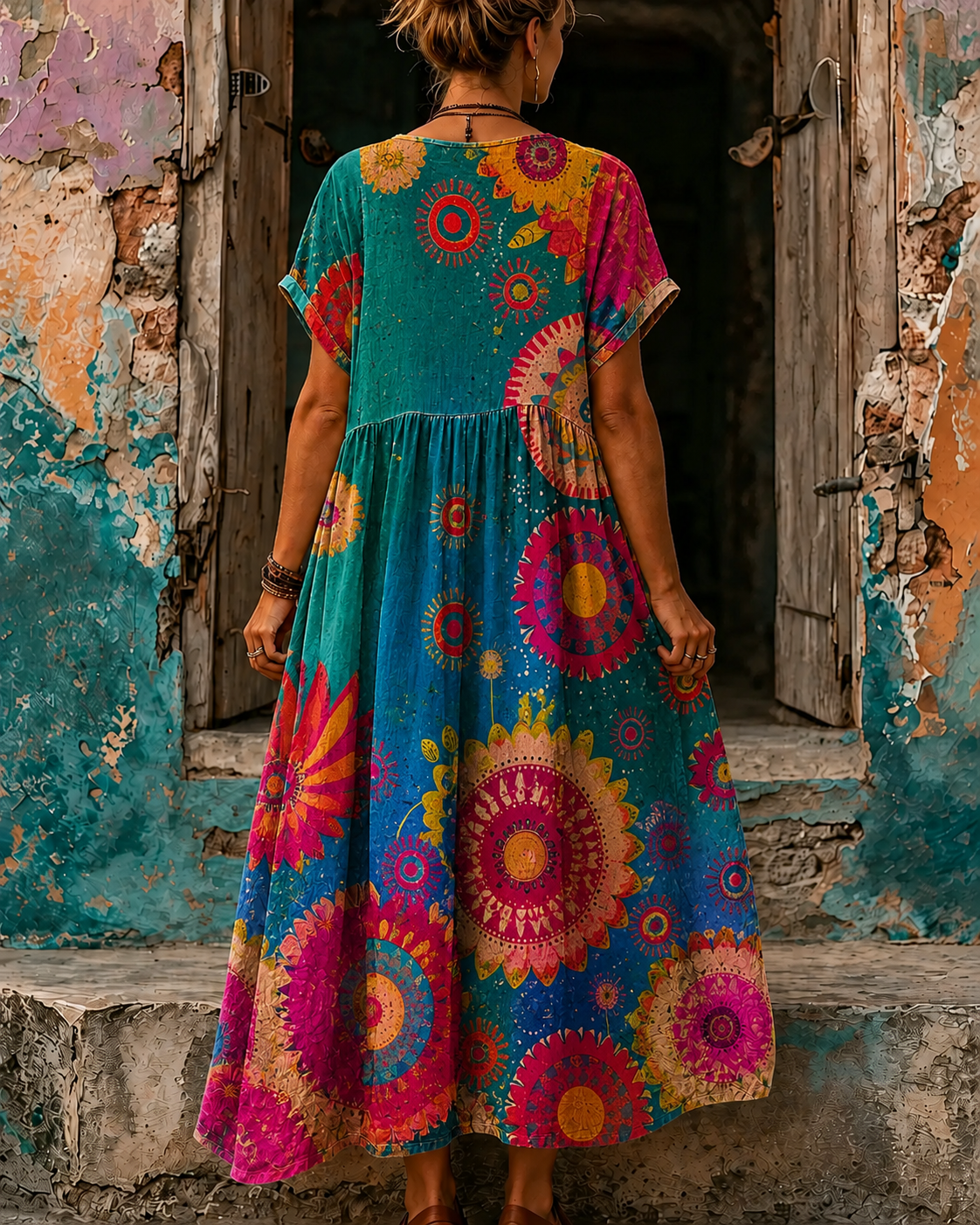 Women's Vacation Linen Boho Floral Print V-Neck Short Sleeve Maxi Dress