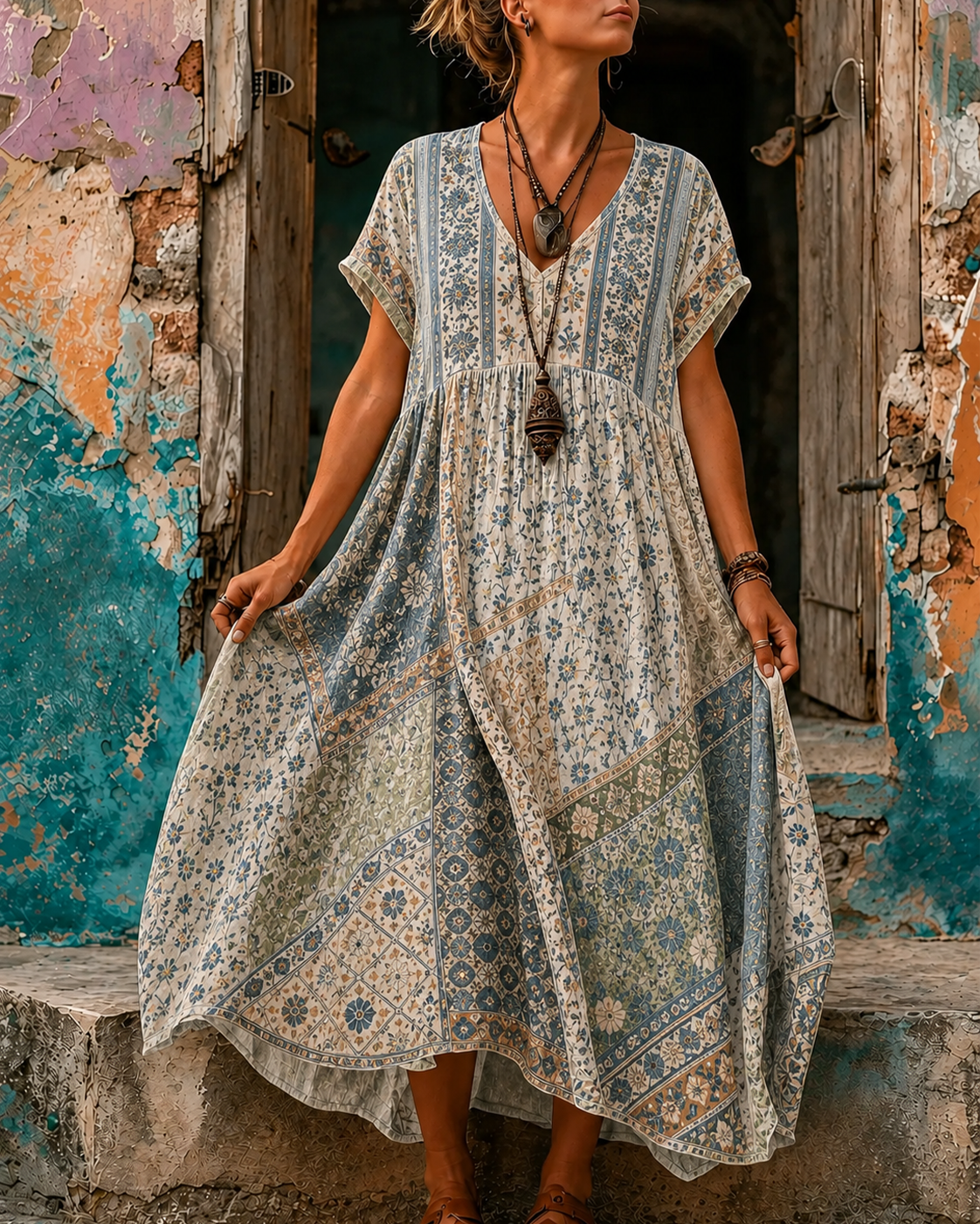 Women's Vacation Linen Retro Boho Floral Print V-Neck Short Sleeve Maxi Dress