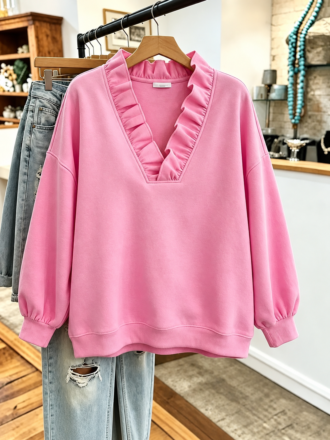 Women'S Cozy Oversized Vibrant Pink Ruffled Sweatshirt