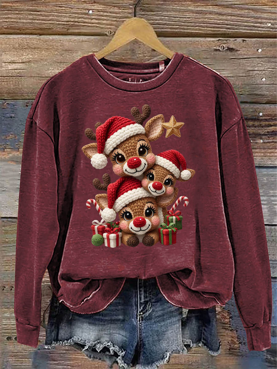 Women's Christmas Elks 3D Knitting Crochet Pattern Neck Sweatshirt