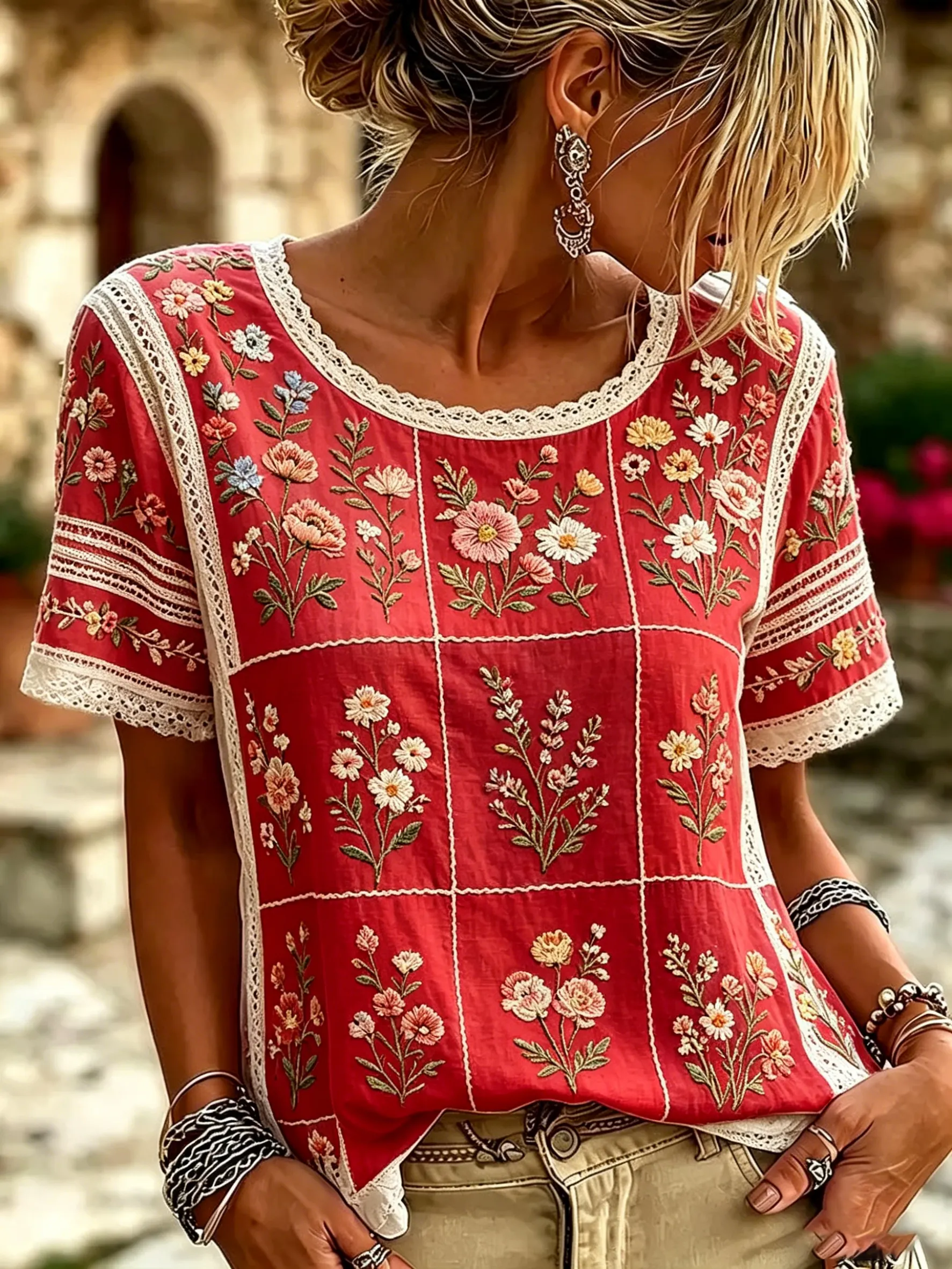 Women's Patchwork Floral Print Cotton Short Sleeve Blouse