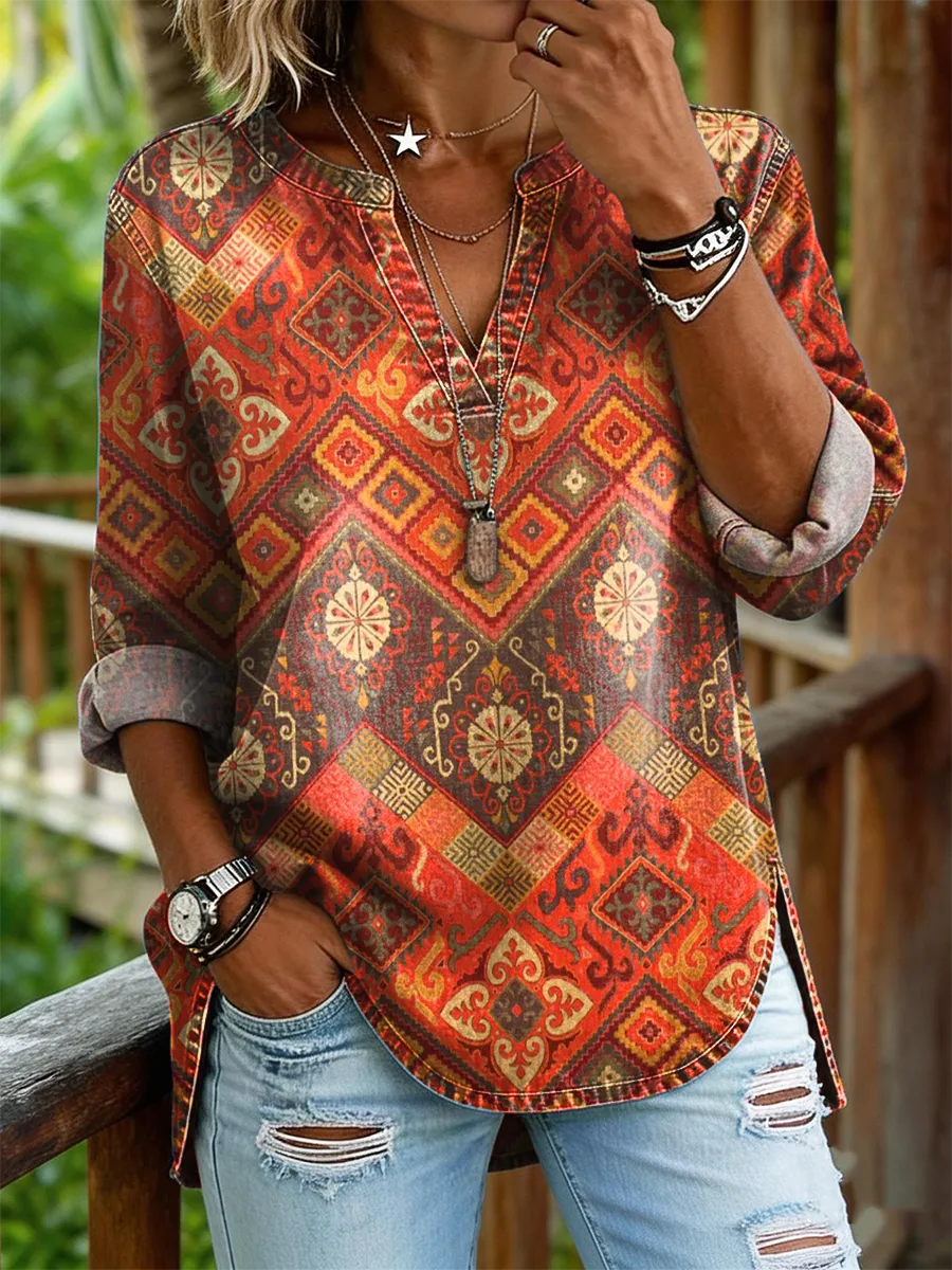 Women's Retro Bohemian Ethnic Art Print Casual Long-sleeve V-neck Shirt