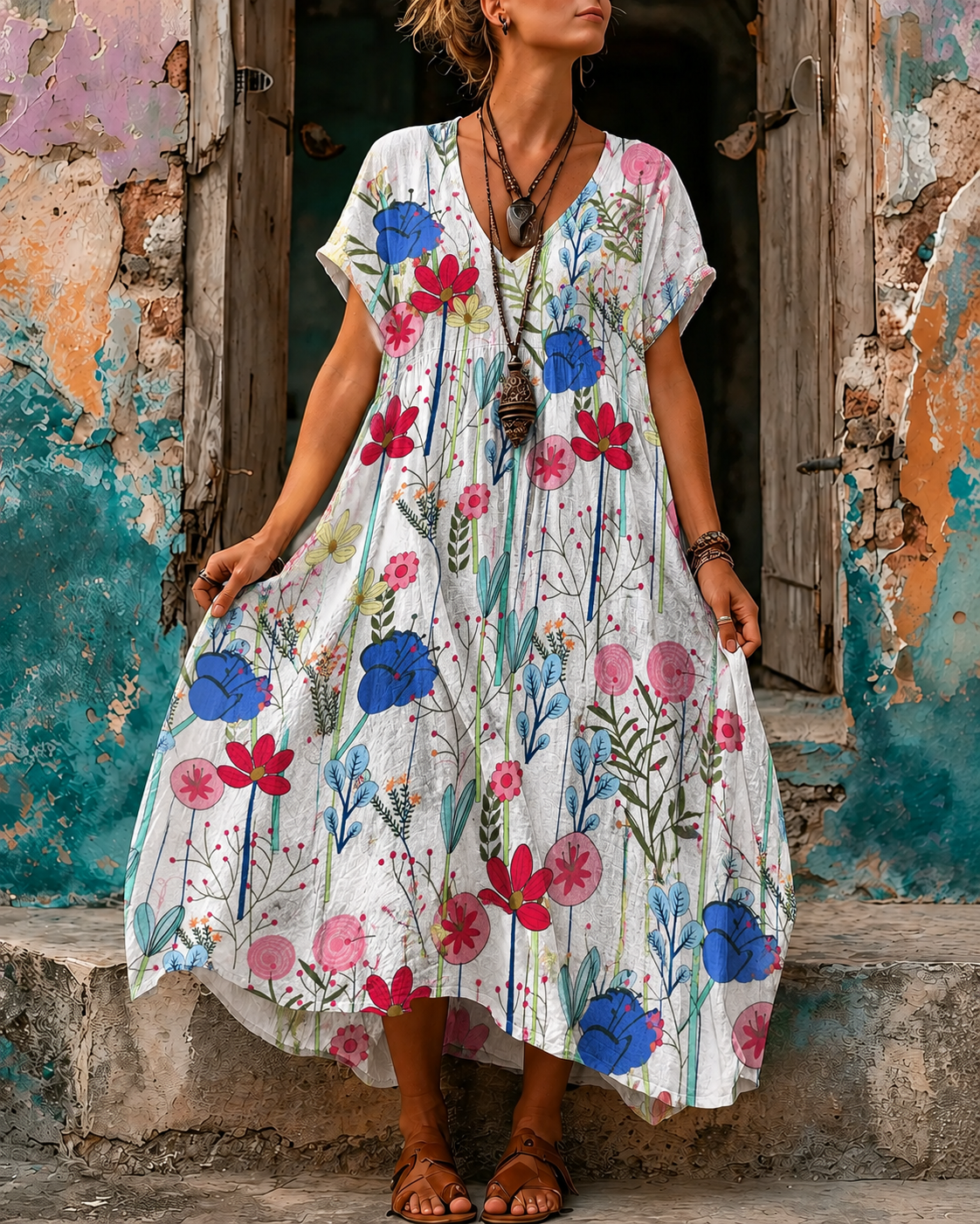 Women's Vacation Linen Boho Floral Print V-Neck Short Sleeve Maxi Dress