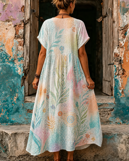 Women's Vacation Linen Floral Print V-Neck Short Sleeve Maxi Dress