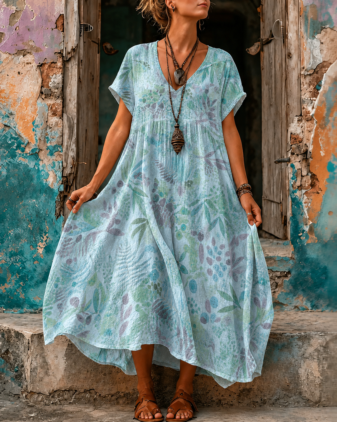 Women's Vacation Linen Boho Floral Print V-Neck Short Sleeve Maxi Dress