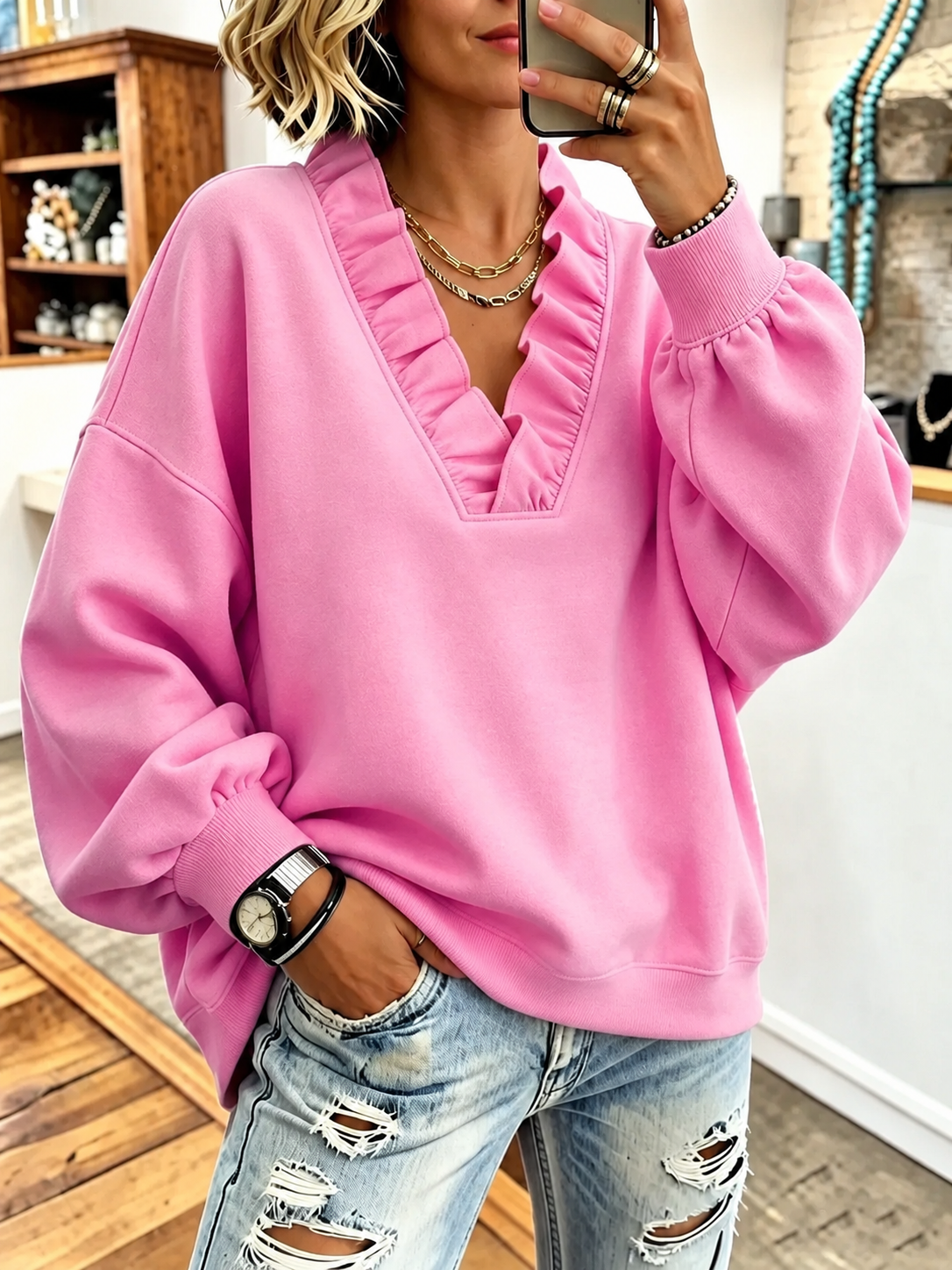 Women'S Cozy Oversized Vibrant Pink Ruffled Sweatshirt