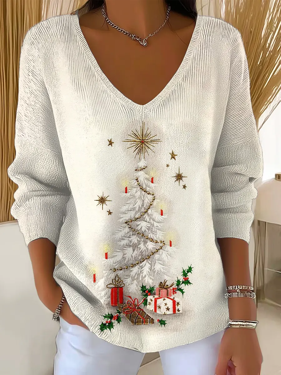 Vintage Christmas Art Print Knit Turtleneck Pullover Sweater