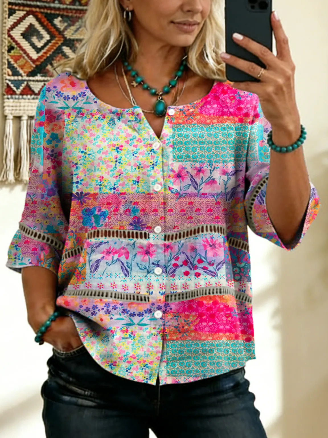 Women's Vintage Floral Art Print Tie-front Button-up Cotton-linen Blend Short-sleeve Shirt