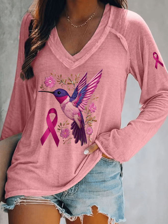 Women's Breast Cancer Awareness Hummingbird Print V Neck T-Shirt