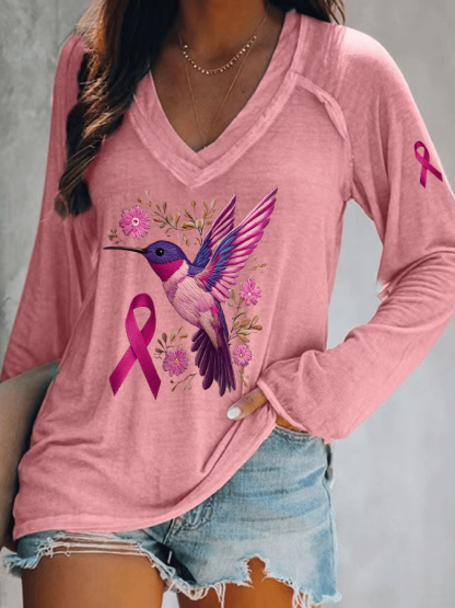 Women's Breast Cancer Awareness Hummingbird Print V Neck T-Shirt