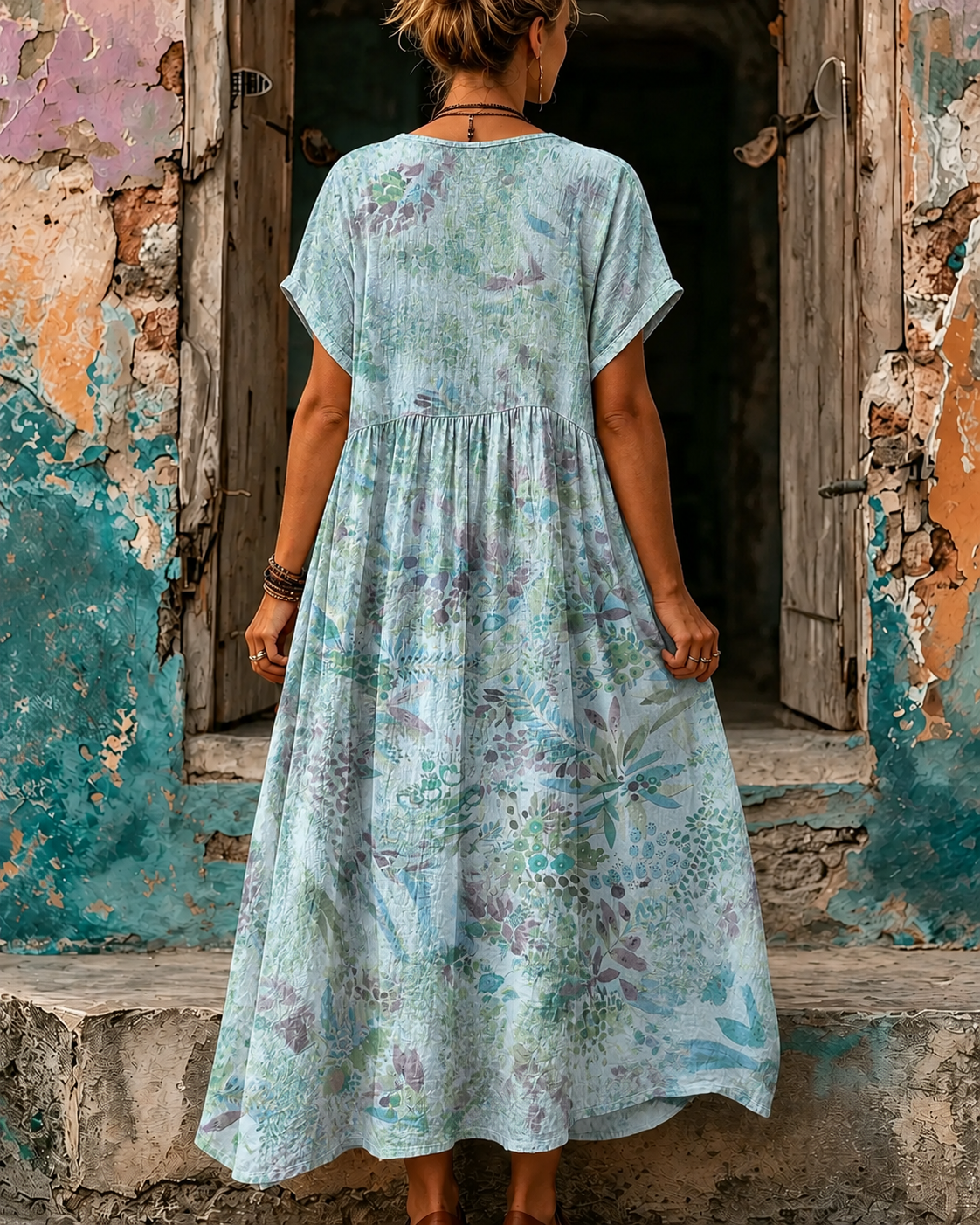 Women's Vacation Linen Boho Floral Print V-Neck Short Sleeve Maxi Dress
