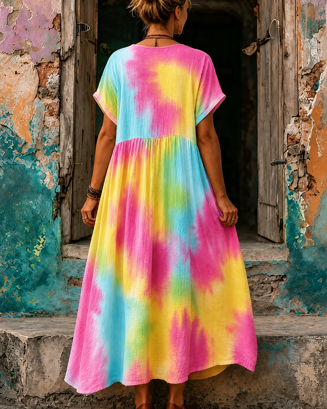 Women's Vacation Linen Tie-dye Floral Print V-Neck Short Sleeve Maxi Dress