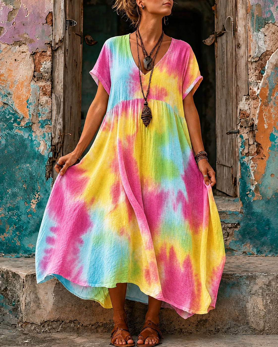Women's Vacation Linen Tie-dye Floral Print V-Neck Short Sleeve Maxi Dress
