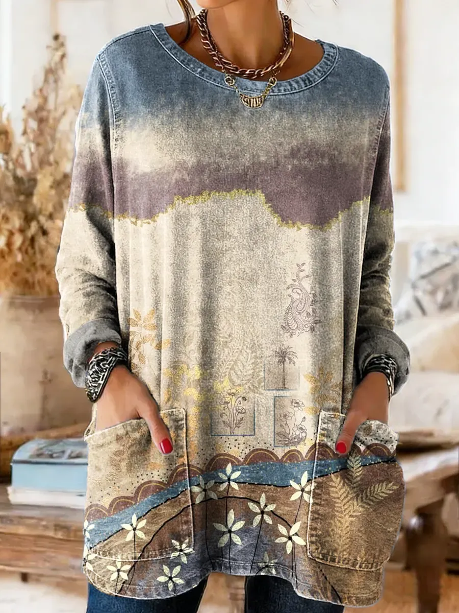 Women's Vintage Ethnic Gradient Floral Art Prints Casual Round Neck Pocket Denim Shirt