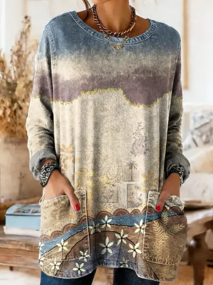 Women's Vintage Ethnic Gradient Floral Art Prints Casual Round Neck Pocket Denim Shirt
