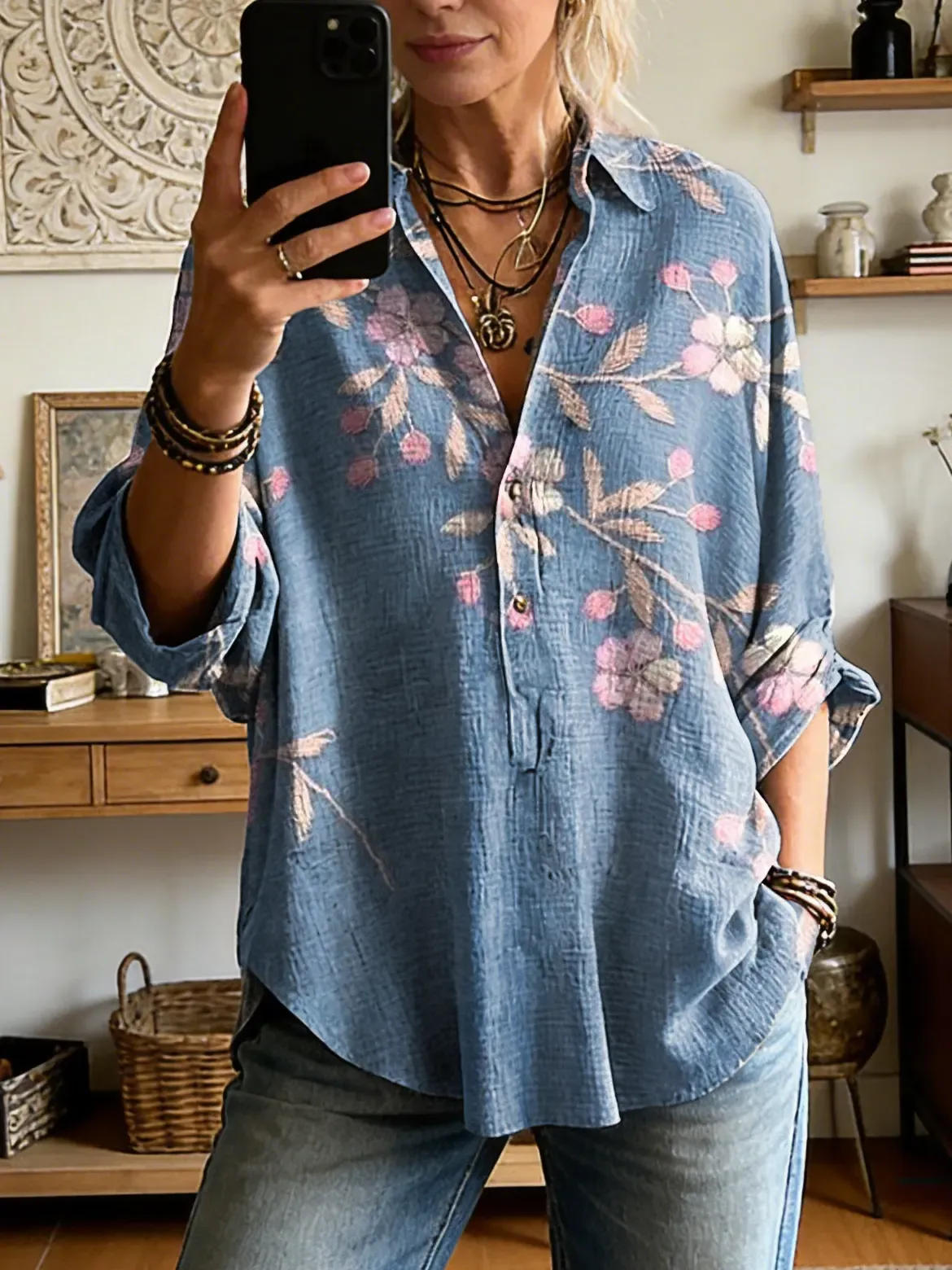 Women's Vintage Floral Art Print Casual Long-sleeve Shirt