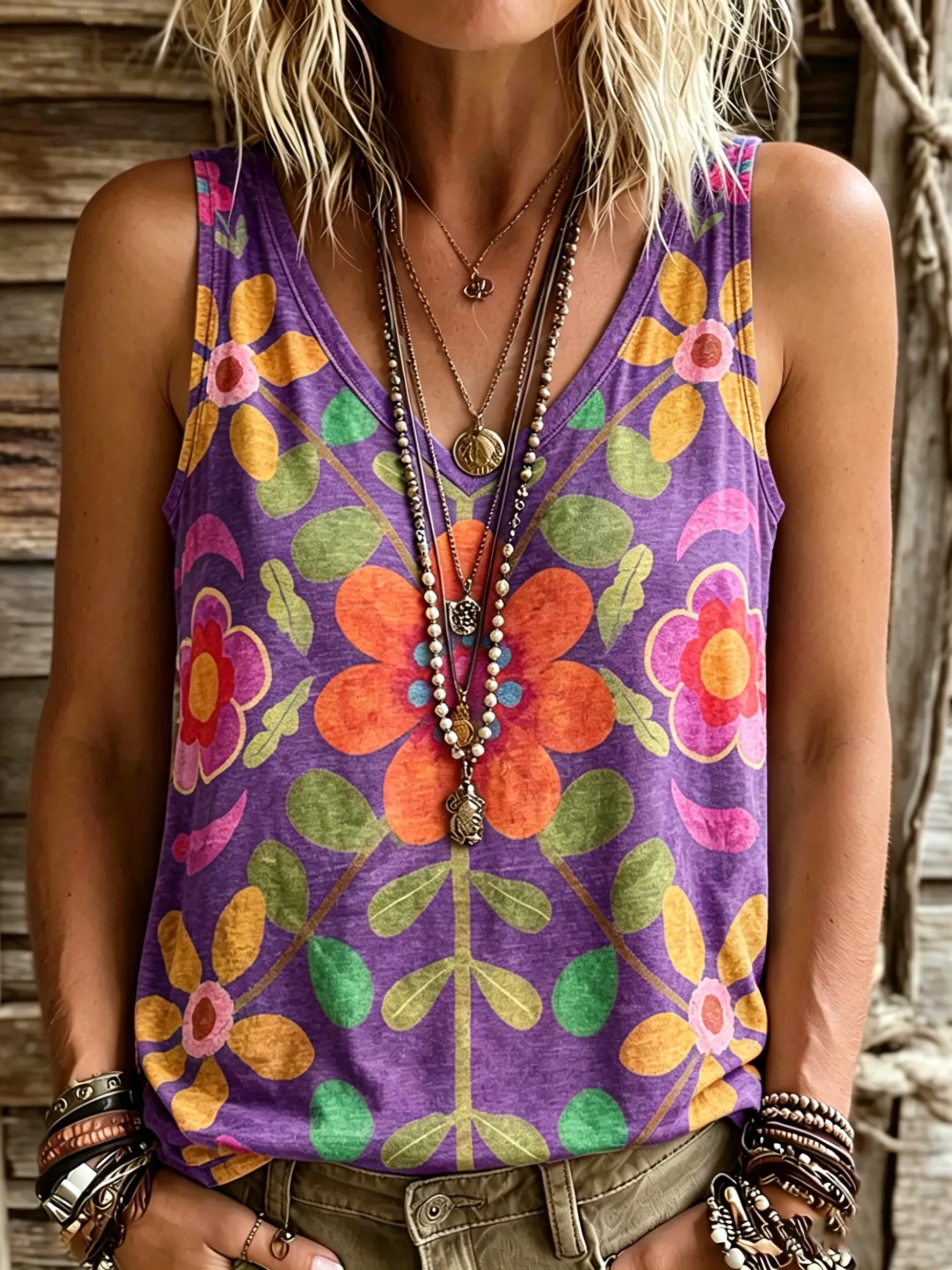 Women's Retro Ethnic Floral Art Print Casual Sleeveless V-neck Cotton Linen Tank