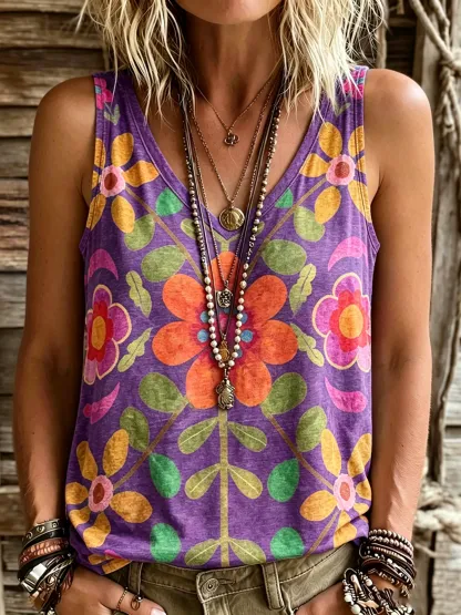 Women's Retro Ethnic Floral Art Print Casual Sleeveless V-neck Cotton Linen Tank