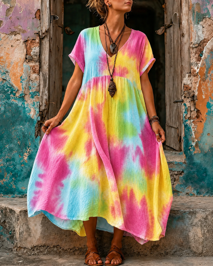 Women's Vacation Linen Tie-dye Floral Print V-Neck Short Sleeve Maxi Dress