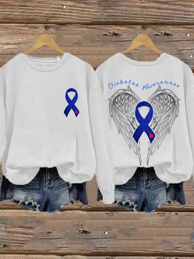 Retro Diabetes Awareness Wings Angel Blue Ribbon Print Sweatshirt