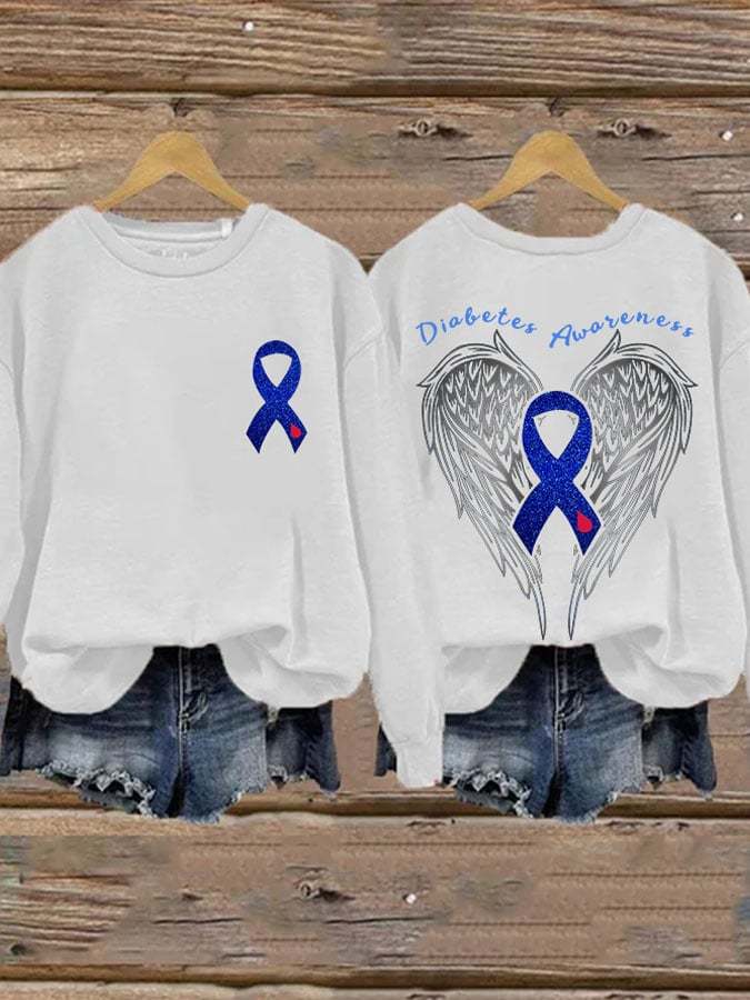 Retro Diabetes Awareness Wings Angel Blue Ribbon Print Sweatshirt