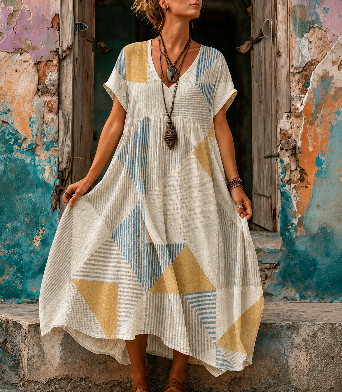 Casual Vacation Retro Geometric Print Maxi Dress