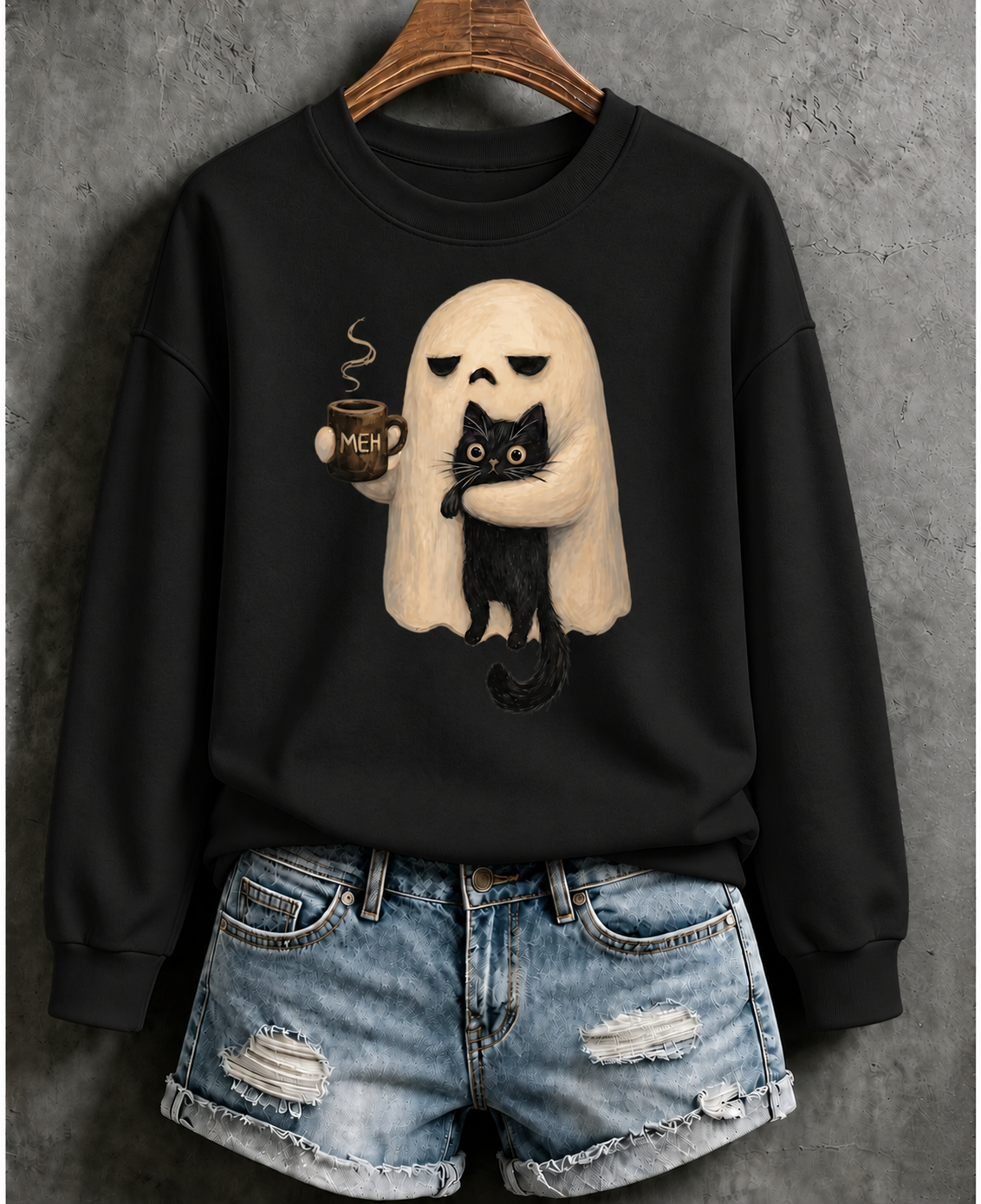 Halloween Ghost Holding Black Cat Coffee Lover Funny Crew Neck Sweatshirt
