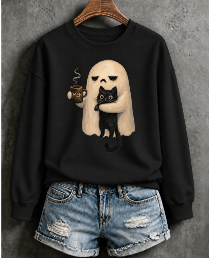 Halloween Ghost Holding Black Cat Coffee Lover Funny Crew Neck Sweatshirt