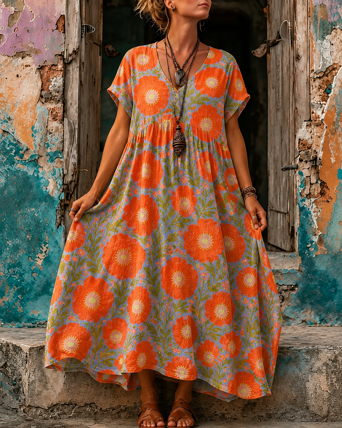 Women's Vacation Linen Boho Floral Print V-Neck Short Sleeve Maxi Dress