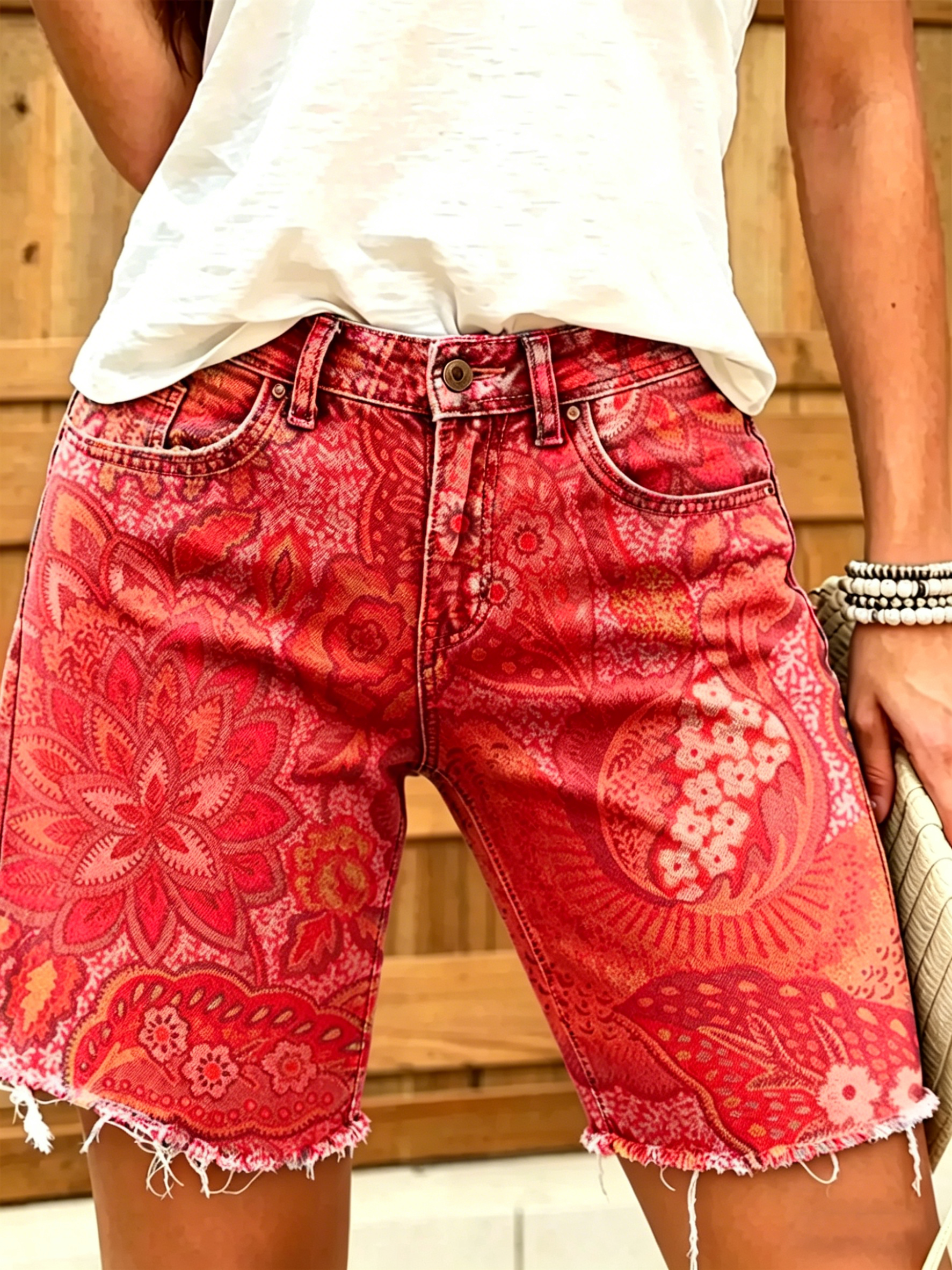Women's Colorful Ethnic Flowers Print Denim Bermuda Shorts