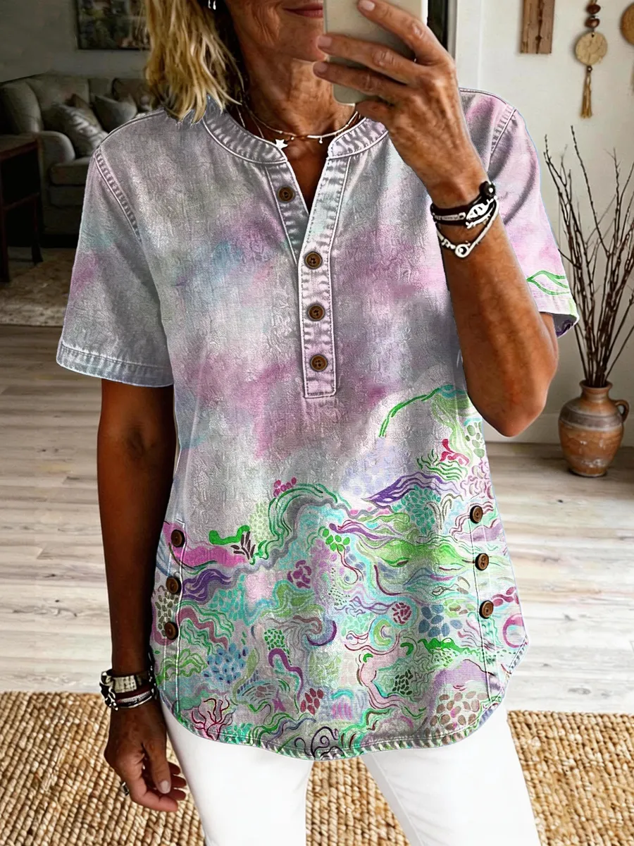 Women's Retro Colorful Ethnic Art Print Casual Short-sleeve Shirt