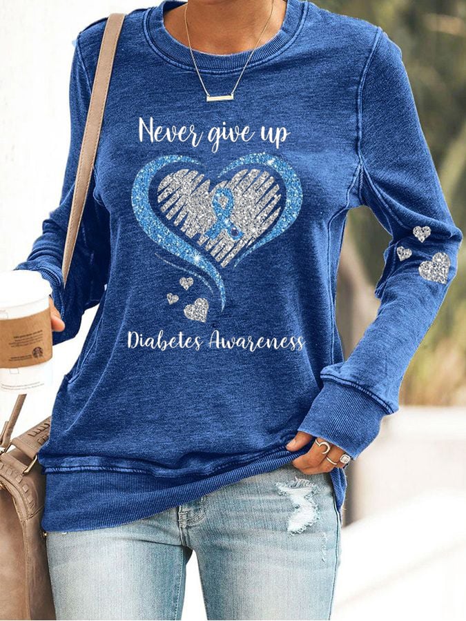 Women's Diabetes Awareness Never Give Up Print Casual Sweatshirt