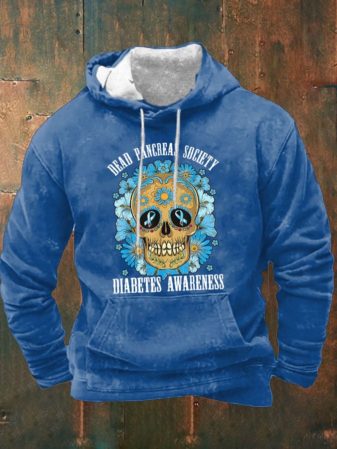 Men's Casual Diabetes Awareness Dead Pancreas Society Print Long Sleeve Hooded Sweatshirt