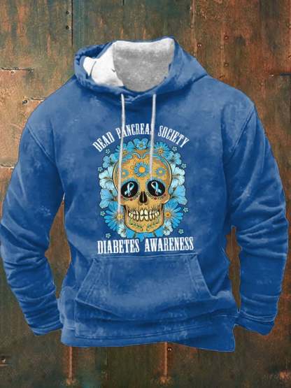 Men's Casual Diabetes Awareness Dead Pancreas Society Print Long Sleeve Hooded Sweatshirt