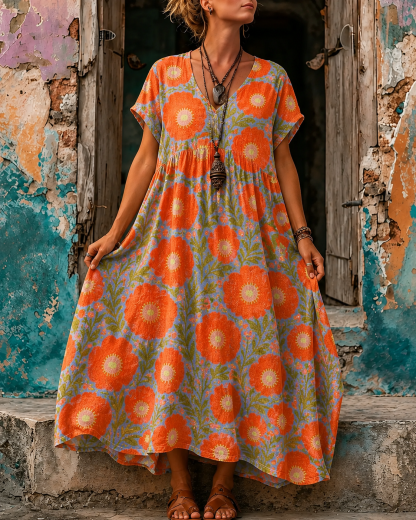 Women's Vacation Linen Boho Floral Print V-Neck Short Sleeve Maxi Dress